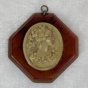 Vtg Octagon Cameo Pendant Bakelite Style Brown Frame Floral Woman Relief 2.625"